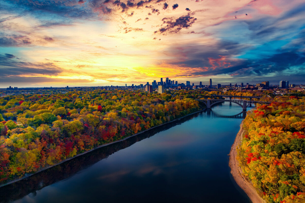 Capturing Autumn’s Palette: A Breathtaking Aerial View of Minneapolis Downtown and Mississippi River, Fall Foliage, and Urban Splendor